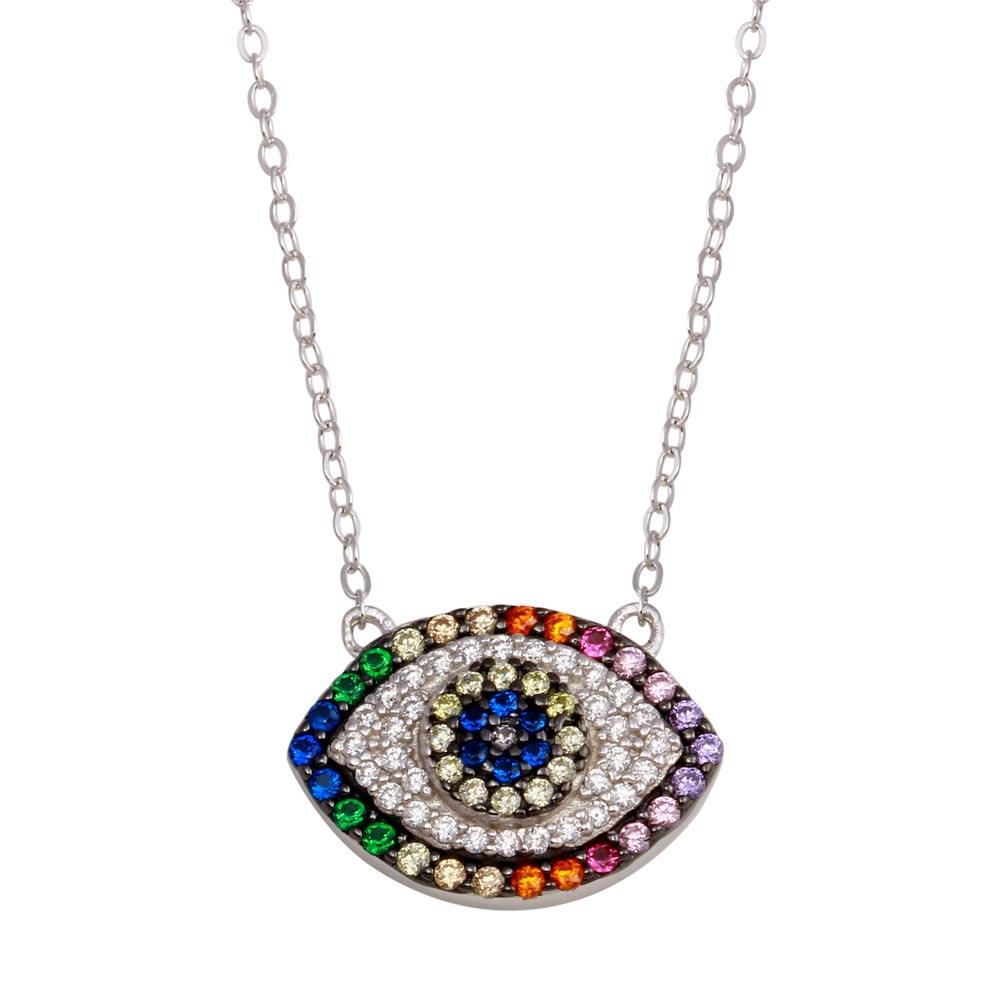 Rhodium Plated 925 Sterling Silver Rainbow Multi Color CZ Eye Necklace - STP01743