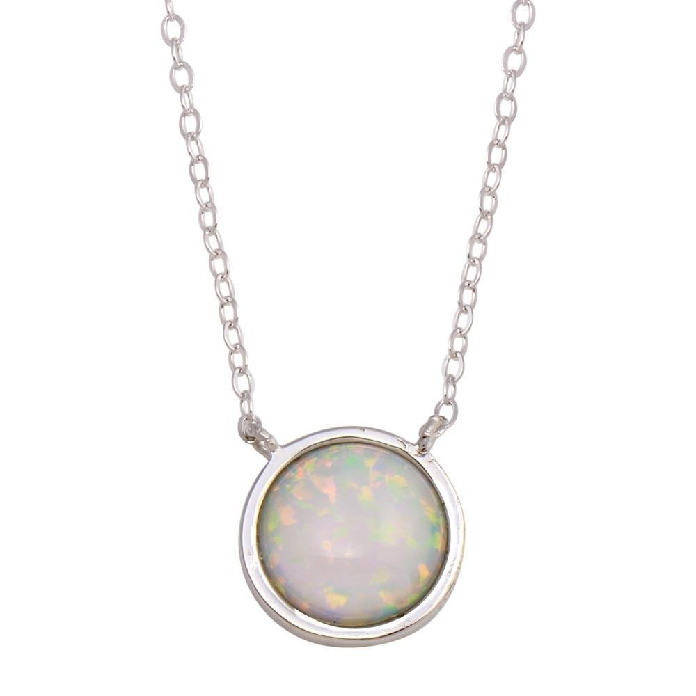 Rhodium Plated 925 Sterling Silver Disc Synthetic Opal Necklace with CZ - STP01744