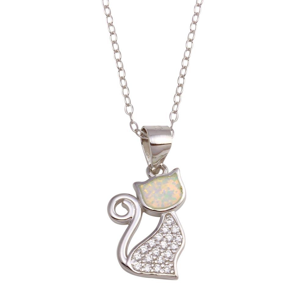 Rhodium Plated 925 Sterling Silver CZ Opal Cat Necklace - STP01746