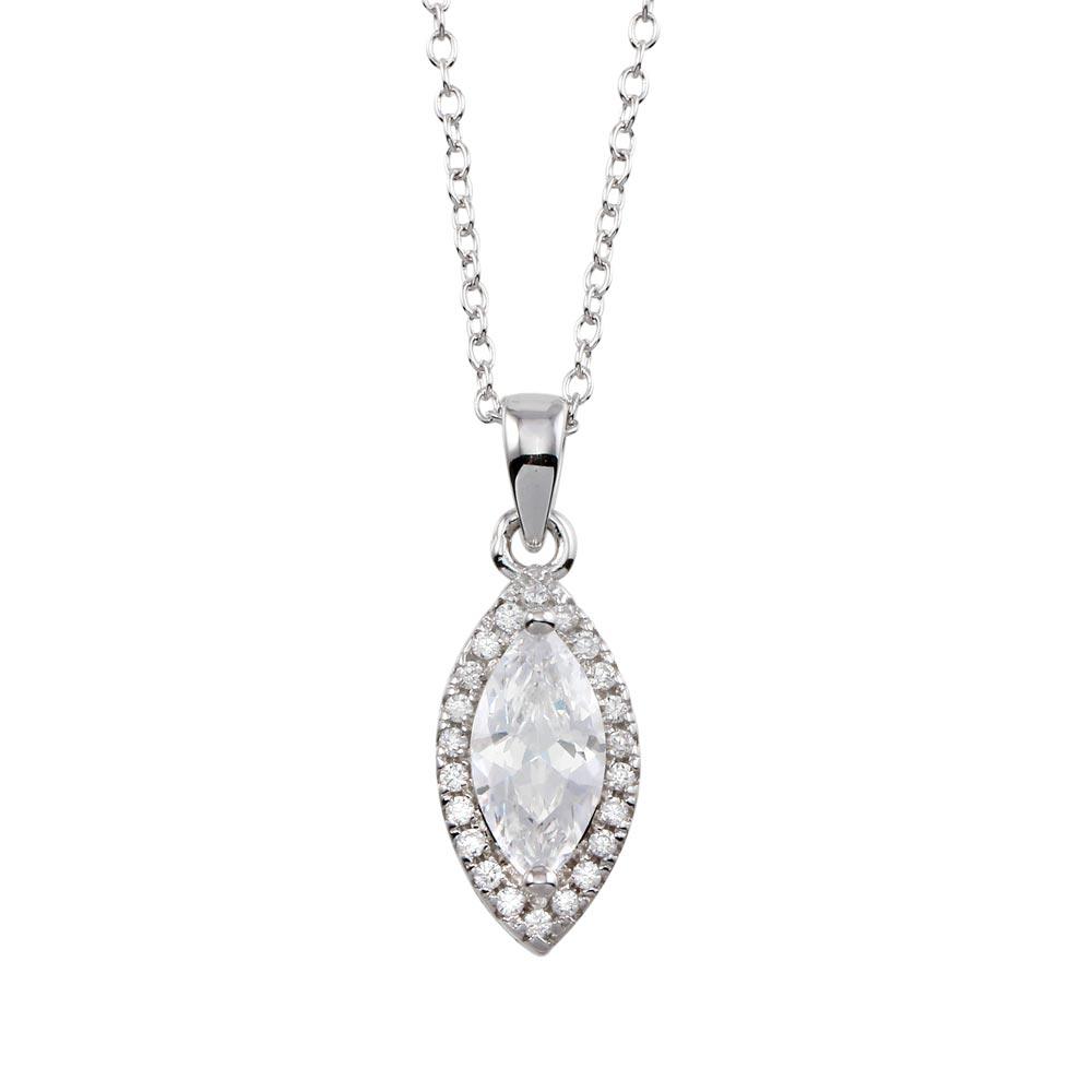 Rhodium Plated 925 Sterling Silver Clear CZ Halo Marquise Shaped Necklace - STP01751