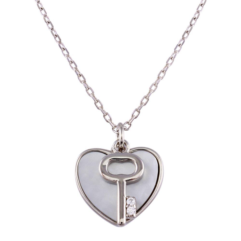 Rhodium Plated 925 Sterling Silver Key and Mother of Pearl Hearts Necklace - STP01757