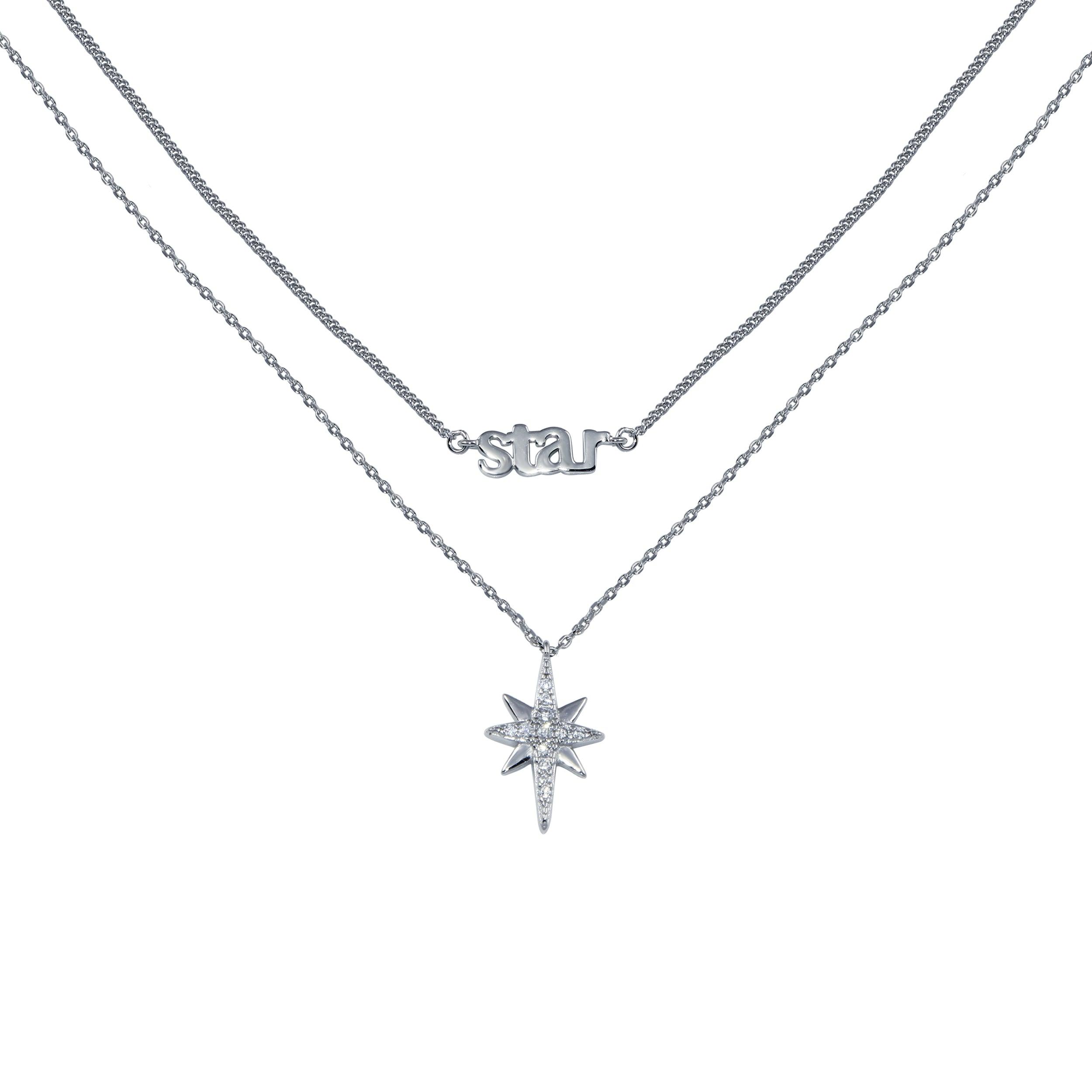 Rhodium Plated 925 Sterling Silver North Star CZ  Dual Strand Necklace - STP01766