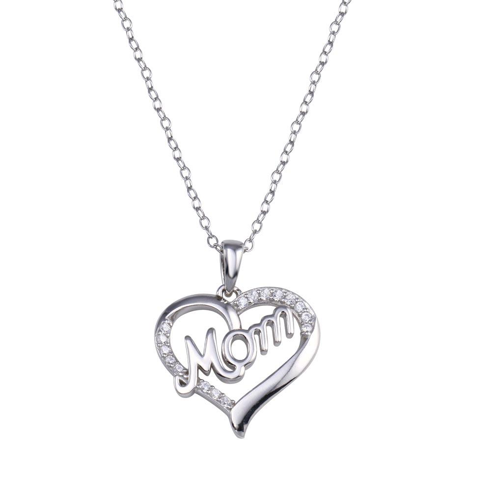 Rhodium Plated 925 Sterling Silver Clear CZ Heart MOM Necklace - STP01771