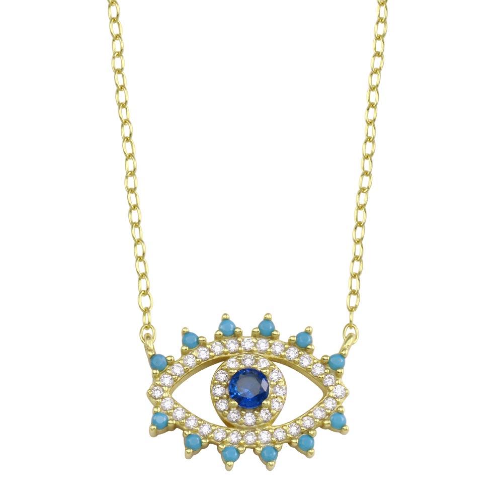 Gold Plated 925 Sterling Silver Evil Eye Blue CZ Necklace - STP01772GP