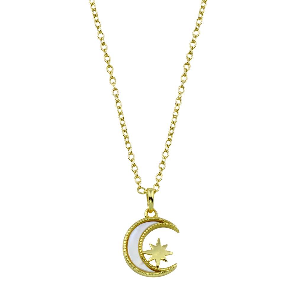 Gold Plated 925 Sterling Silver CZ Synthetic Mother of Pearl Star and Crescent Moon Necklace - STP01773GP