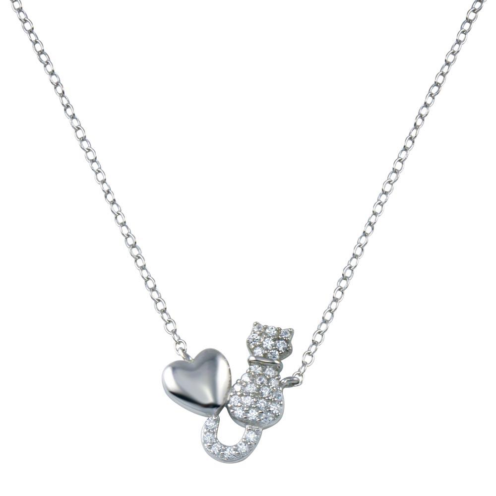 Rhodium Plated 925 Sterling Silver Cat Heart Necklace - STP01780