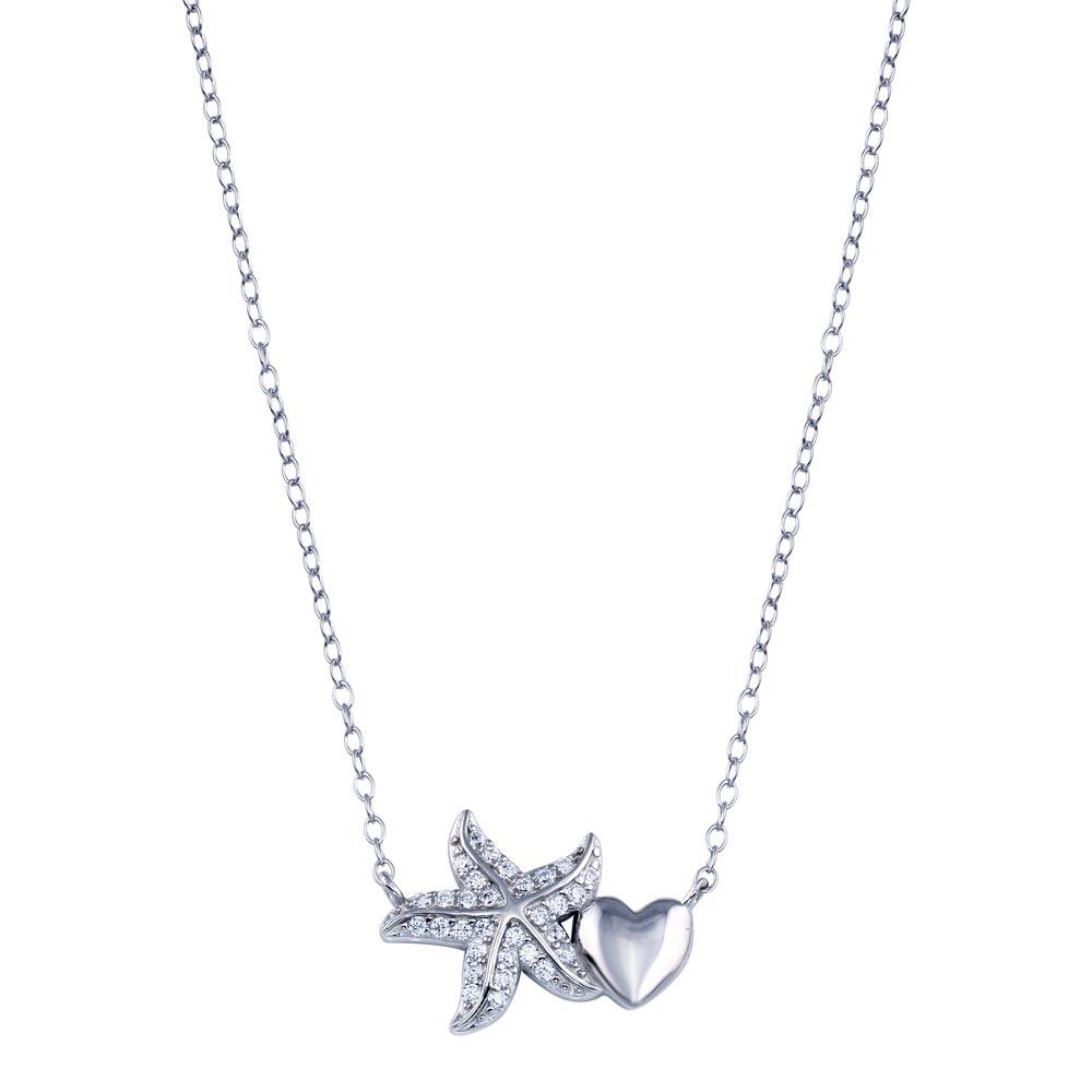 Rhodium Plated 925 Sterling Silver Starfish Heart CZ Necklace - STP01782