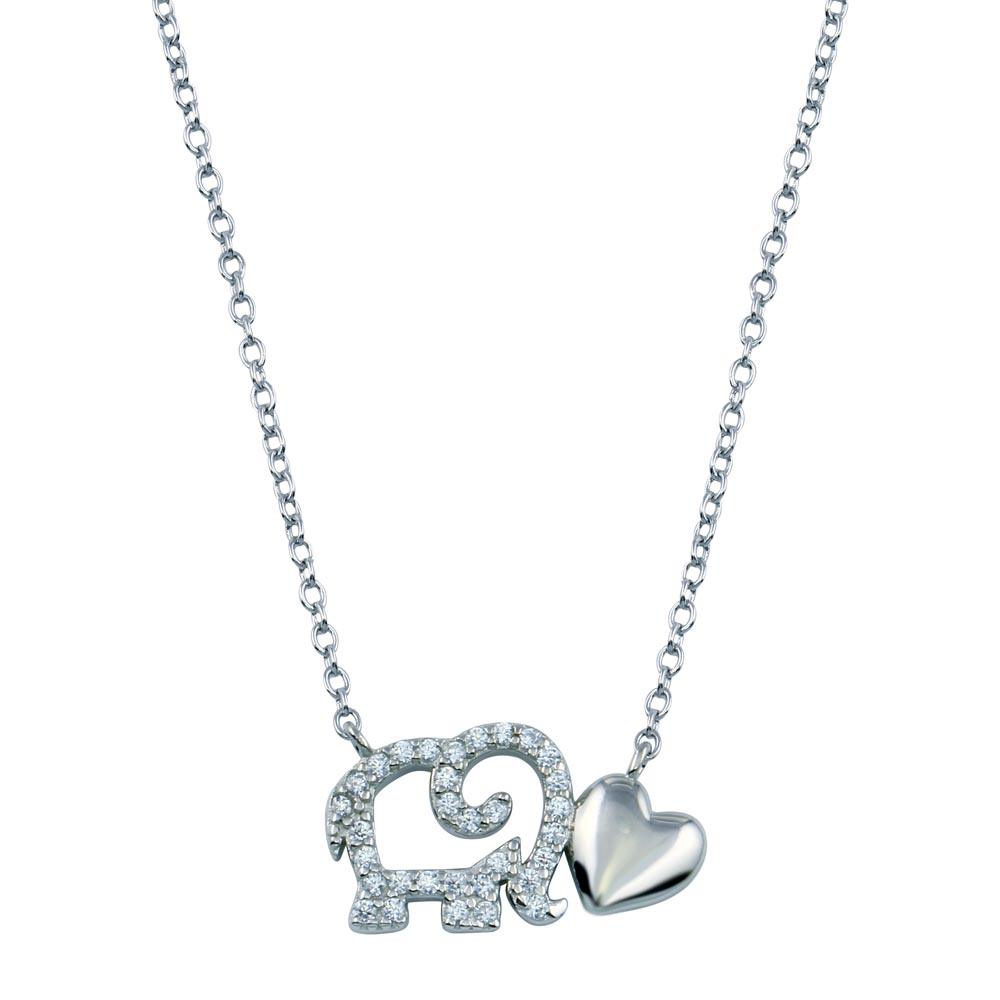 Rhodium Plated 925 Sterling Silver Outline CZ Elephant With Heart Necklace - STP01783