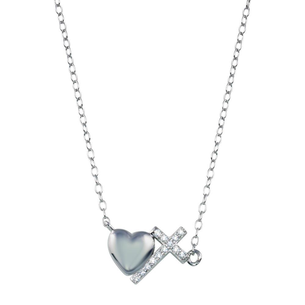 Rhodium Plated 925 Sterling Silver Heart Cross Necklace - STP01784