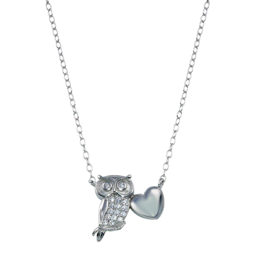 Rhodium Plated 925 Sterling Silver Owl Heart Necklace - STP01787