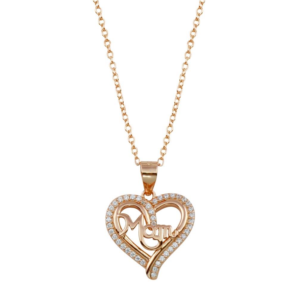 Rose Gold Plated 925 Sterling Silver Mom Heart CZ Pendant - STP01790