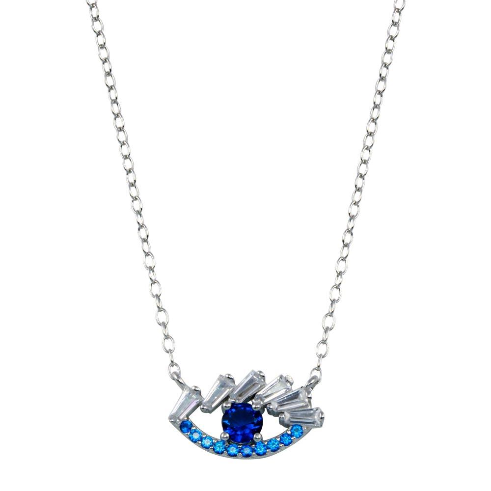 Rhodium Plated 925 Sterling Silver Evil Eye Baguette CZ Necklace - STP01791