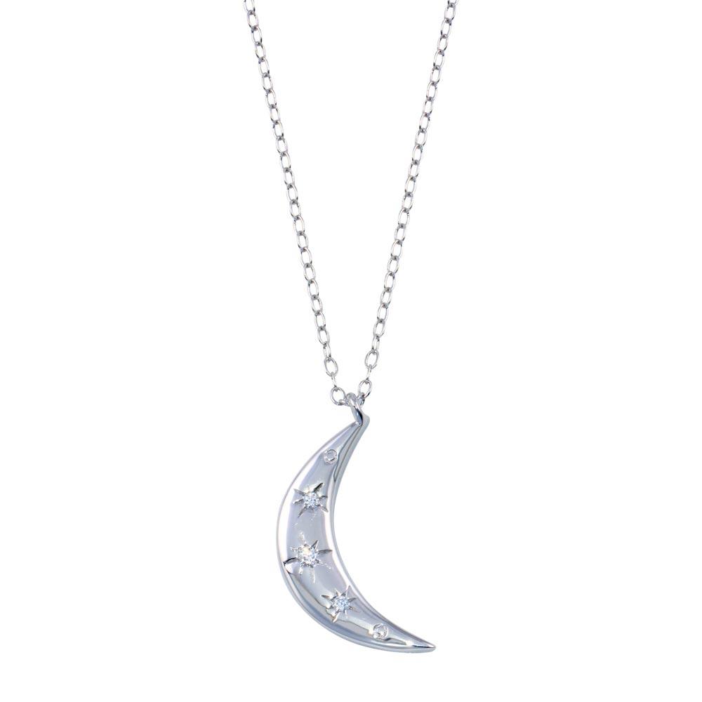 Rhodium Plated 925 Sterling Silver Moon CZ Necklace  - STP01792