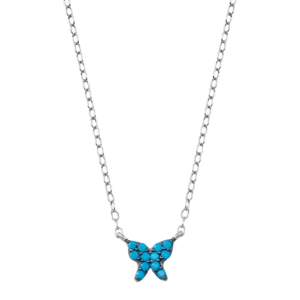 Rhodium Plated 925 Sterling Silver Turquoise Butterfly Necklace  - STP01796