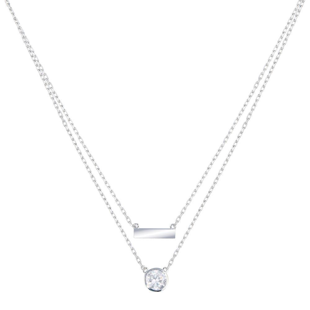 Rhodium Plated 925 Sterling Silver Double Strand CZ and Bar Necklace - STP01798