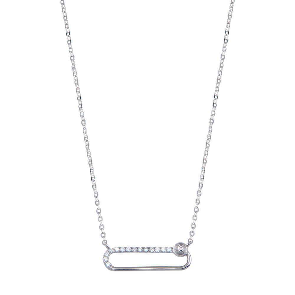 Rhodium Plated 925 Sterling Silver CZ Paperclip Necklace - STP01800