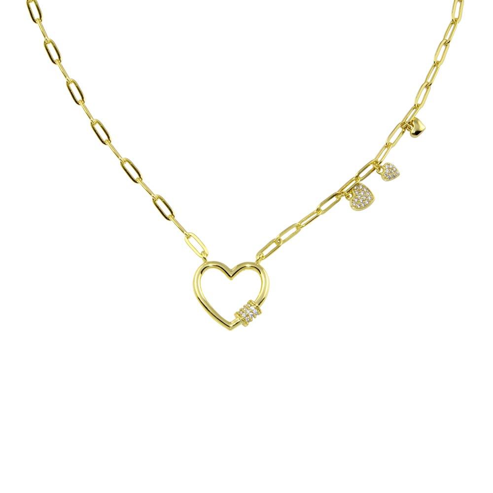 Gold Plated 925 Sterling Silver Heart CZ  Paperclip Necklace - STP01802GP