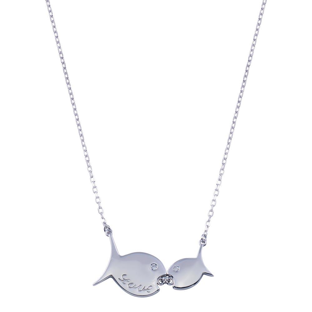 Rhodium Plated 925 Sterling Silver 2 CZ Fish Necklace - STP01809