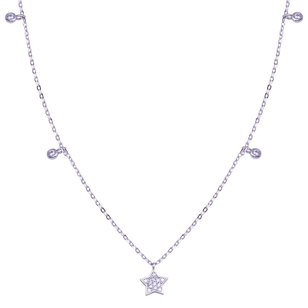 Rhodium Plated 925 Sterling Silver Star and Round CZ Necklace - STP01811