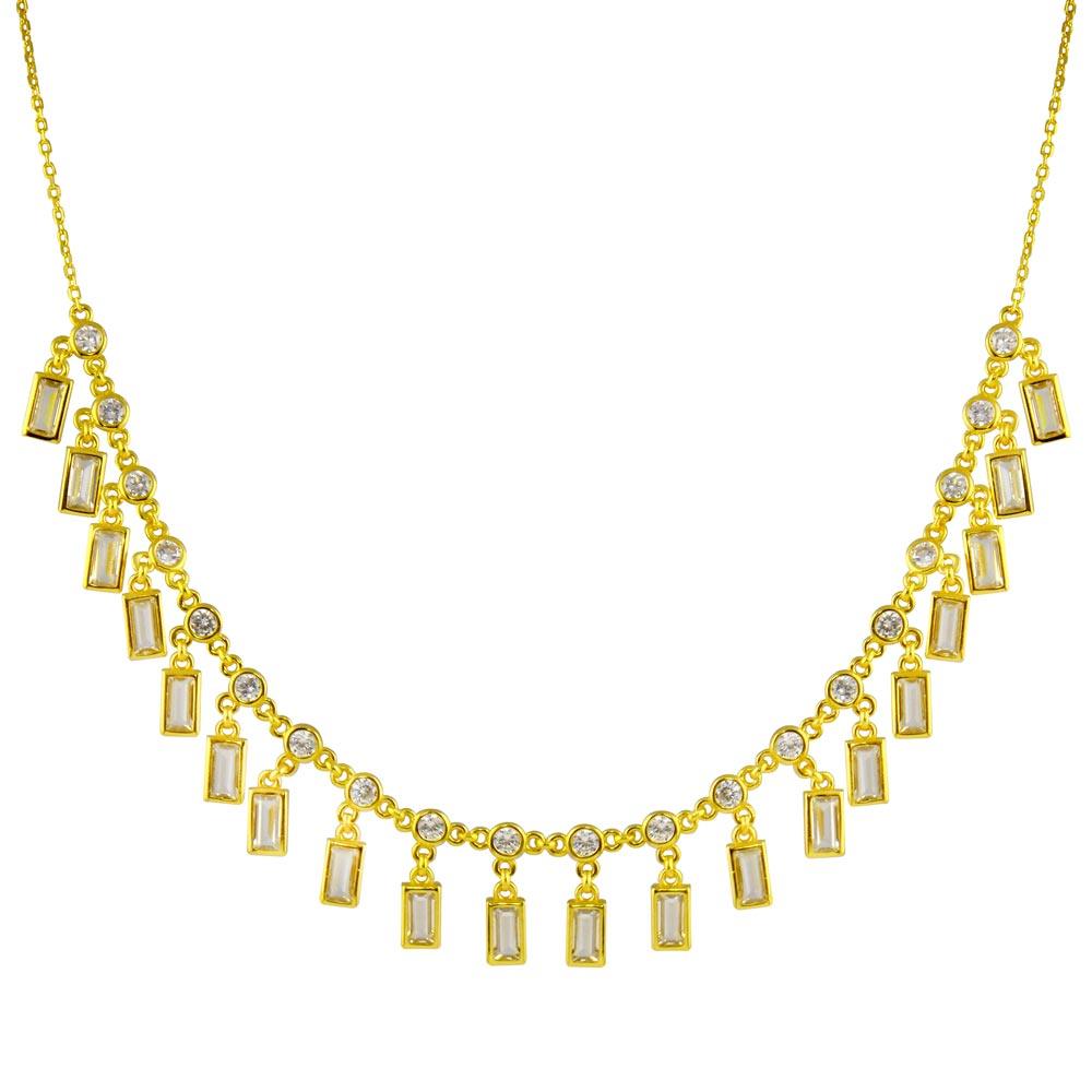 Gold Plated 925 Sterling Silver Dangling Baguette and Round CZ Necklace - STP01812GP