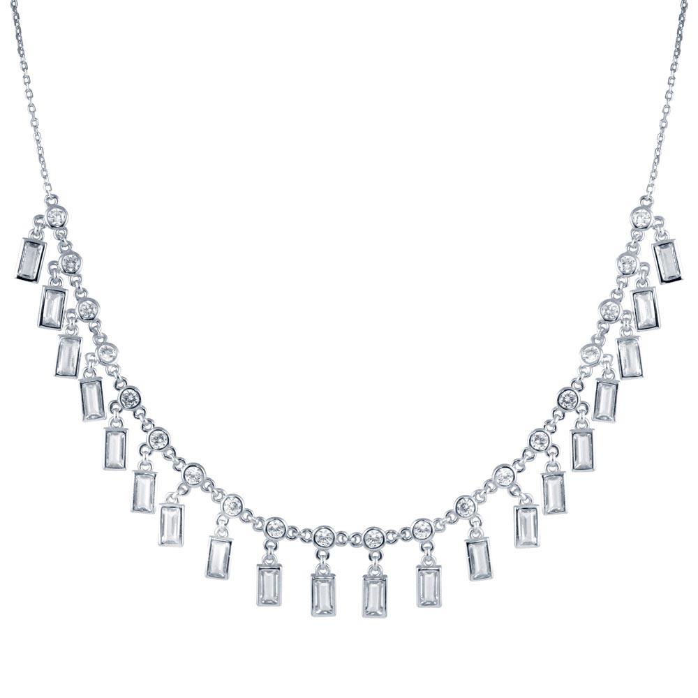 Rhodium Plated 925 Sterling Silver Dangling Baguette and Round CZ Necklace - STP01812RH