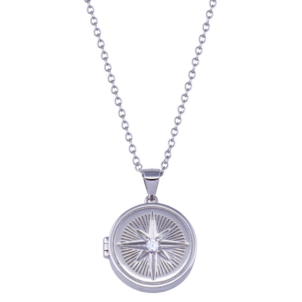 Rhodium Plated 925 Sterling Silver Northstar Locket Clear CZ Necklace - STP01820