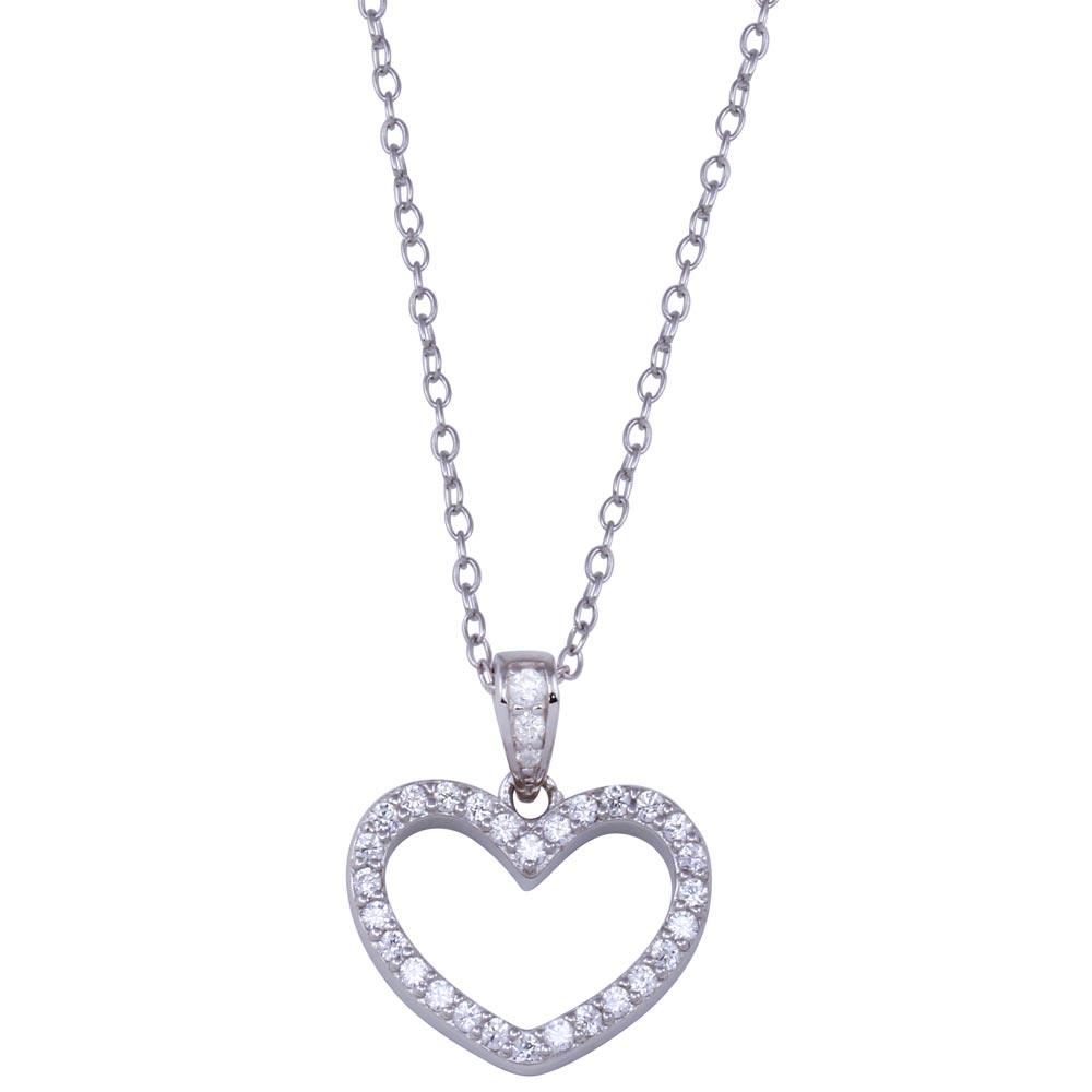 Rhodium Plated 925 Sterling Silver Heart Clear CZ Necklace - STP01822