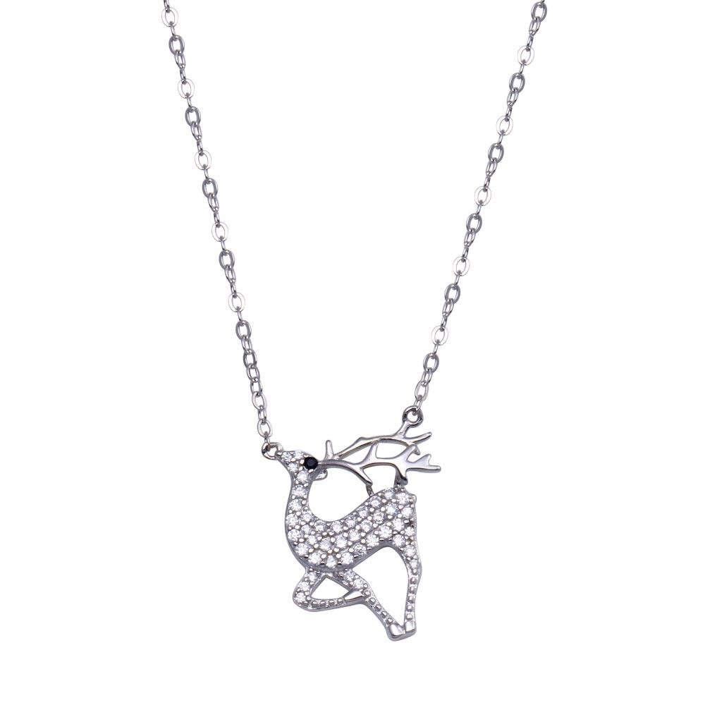 Rhodium Plated 925 Sterling Silver CZ Deer  Necklace - STP01824