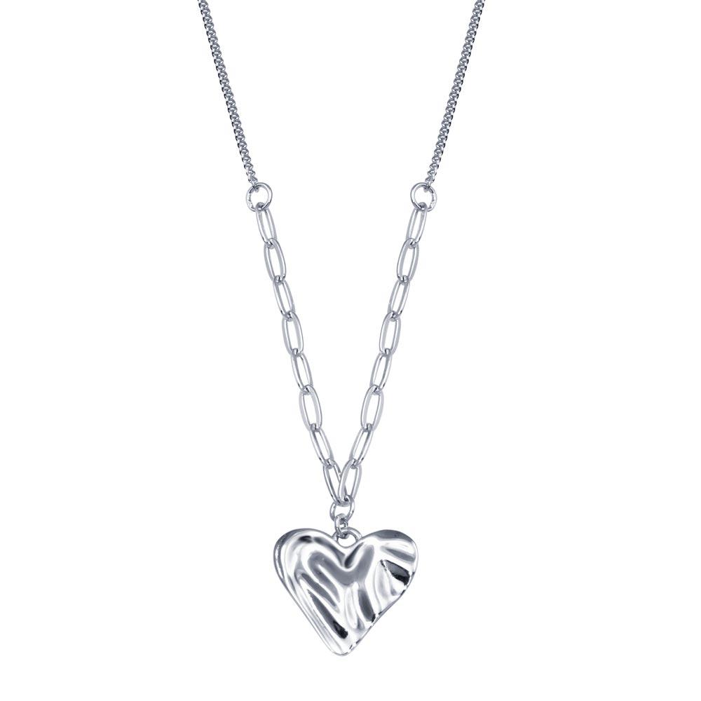 Rhodium Plated 925 Sterling Silver Creased Heart Necklace - STP01828