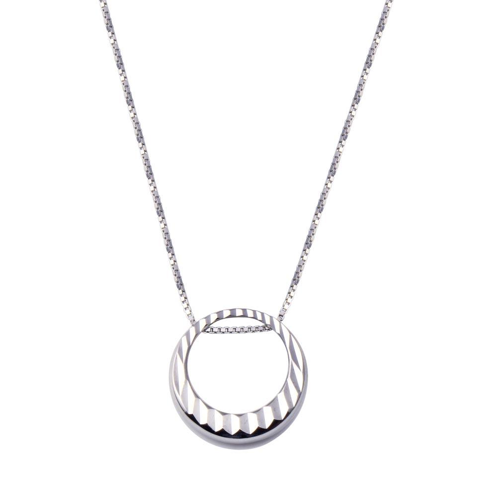 Rhodium Plated 925 Sterling Silver Round Diamond Cut Pendant Adjustable Necklace - STP01829