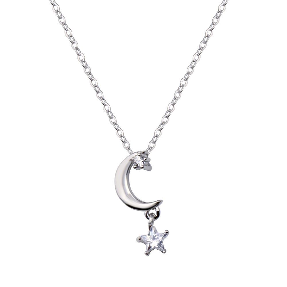 Rhodium Plated 925 Sterling Silver Moon and Clear CZ Star Pendant Adjustable Necklace - STP01833