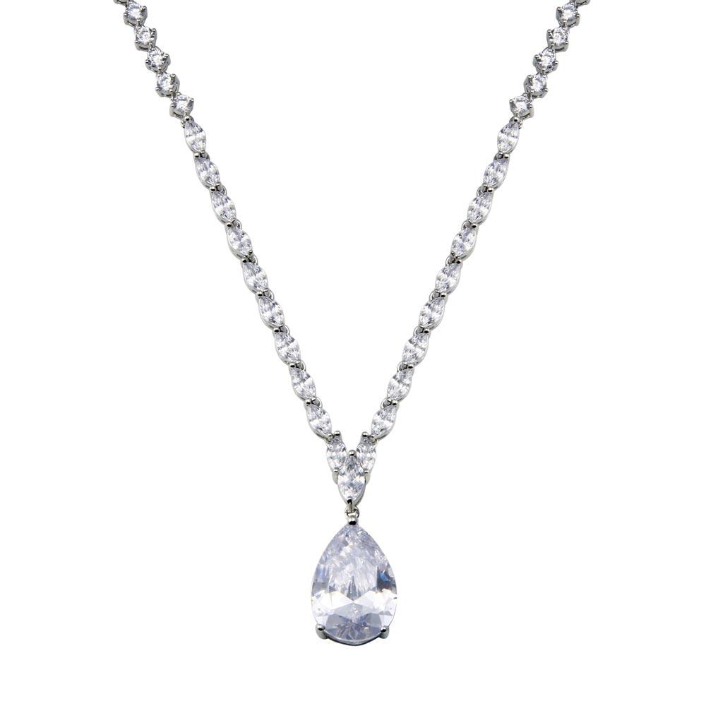 Rhodium Plated 925 Sterling Silver Teardrop Round and Oval Clear CZ Tennis Necklace - STP01837