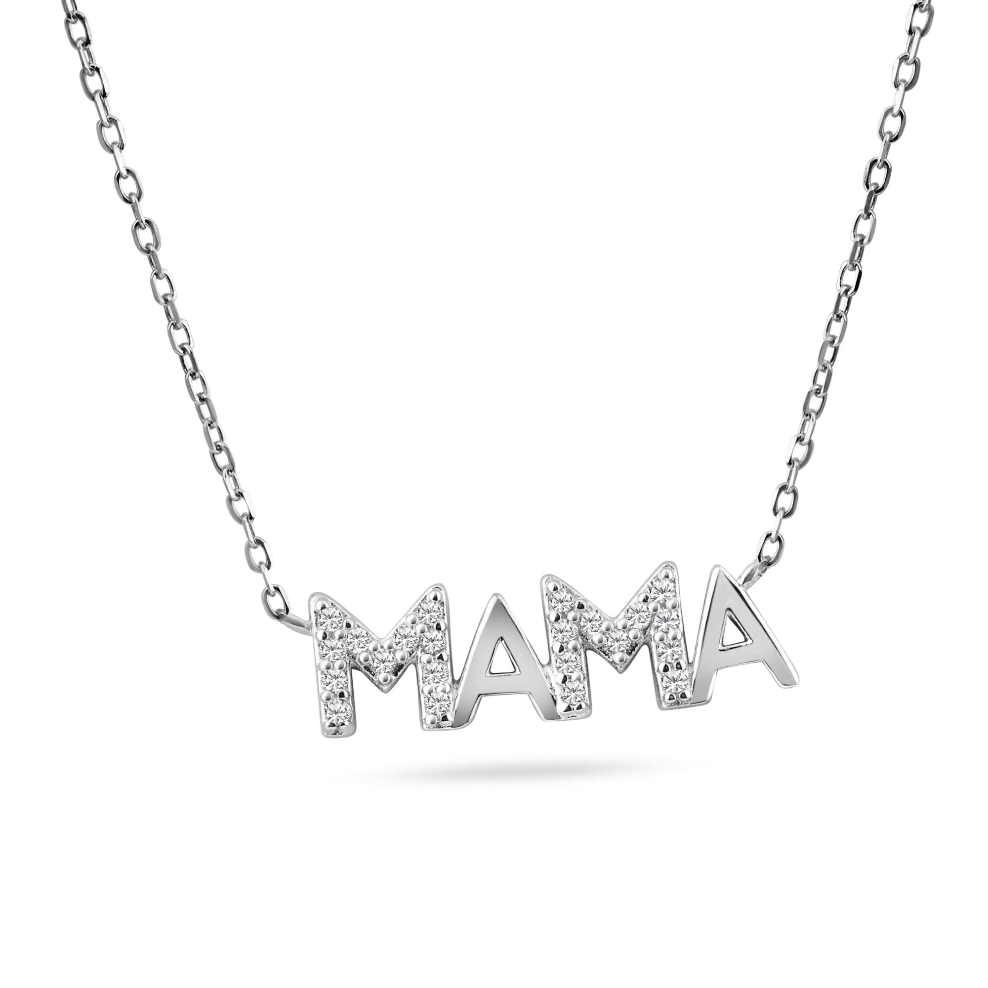 Rhodium Plated 925 Sterling Silver MAMA CZ Necklace - STP01842