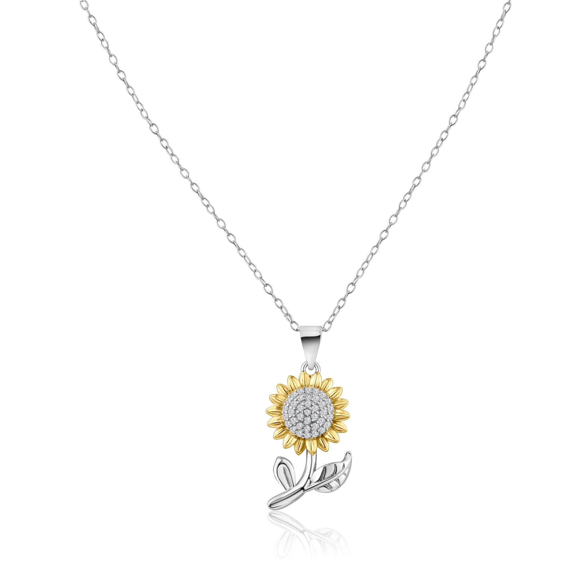 Rhodium Plated 925 Sterling Silver 2 Tone Sunflower CZ Pendant - STP01843