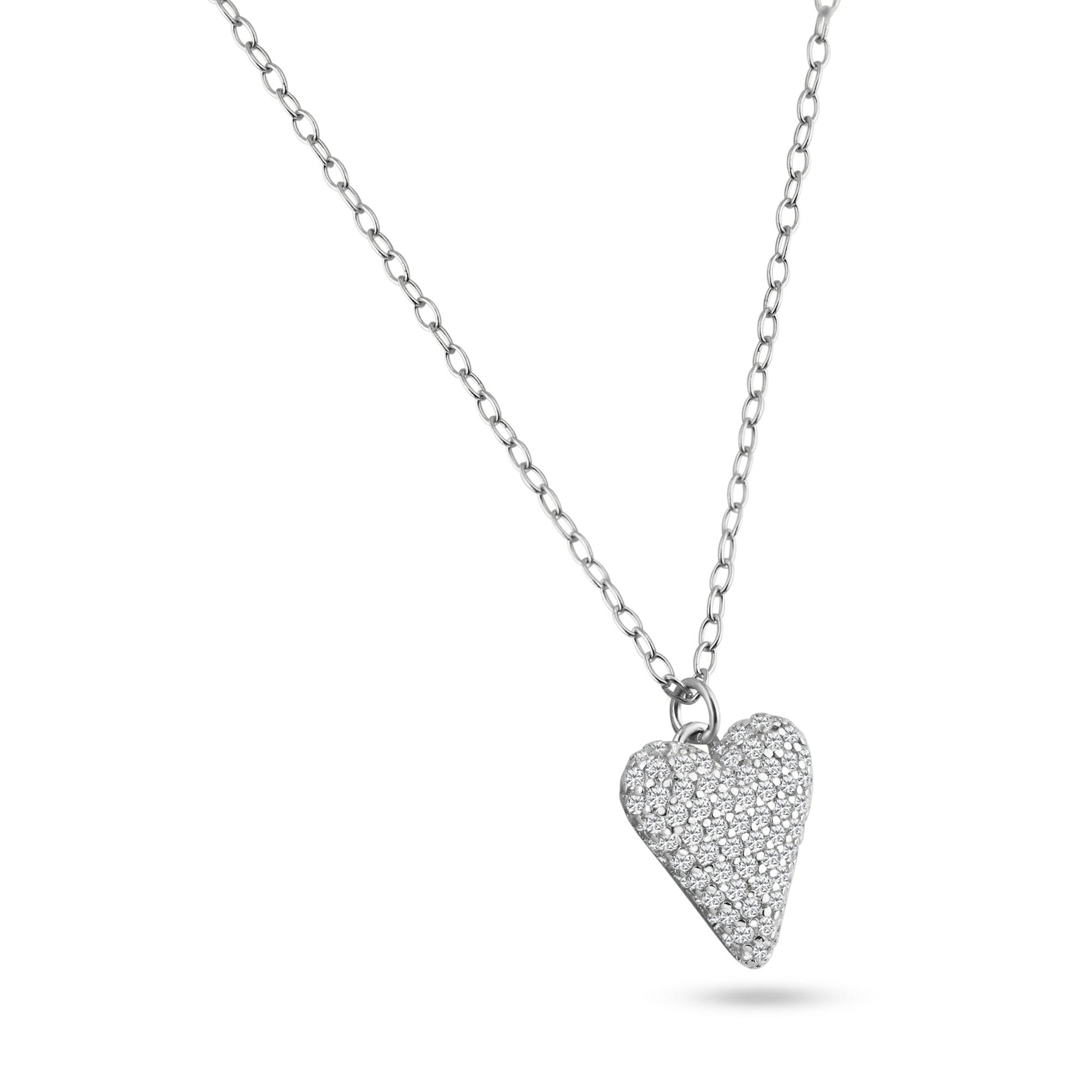 Rhodium Plated 925 Sterling Silver Heart Clear CZ Necklace - STP01844