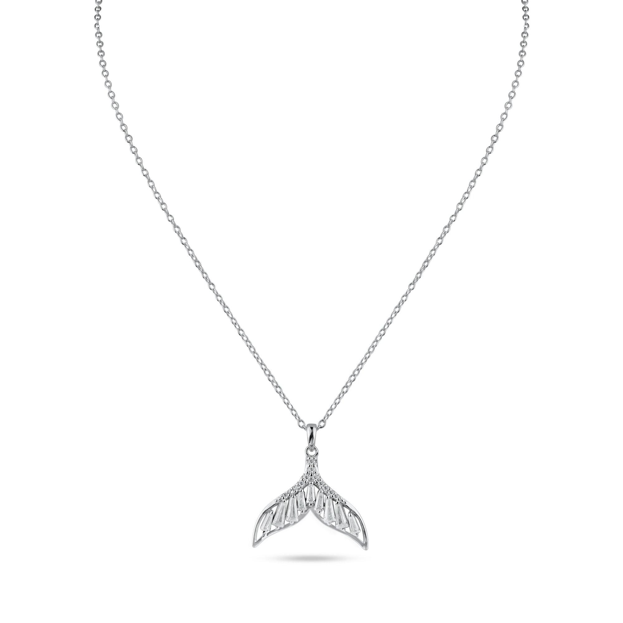 Rhodium Plated 925 Sterling Silver Whale Tail Clear Baguette CZ Necklace - STP01845