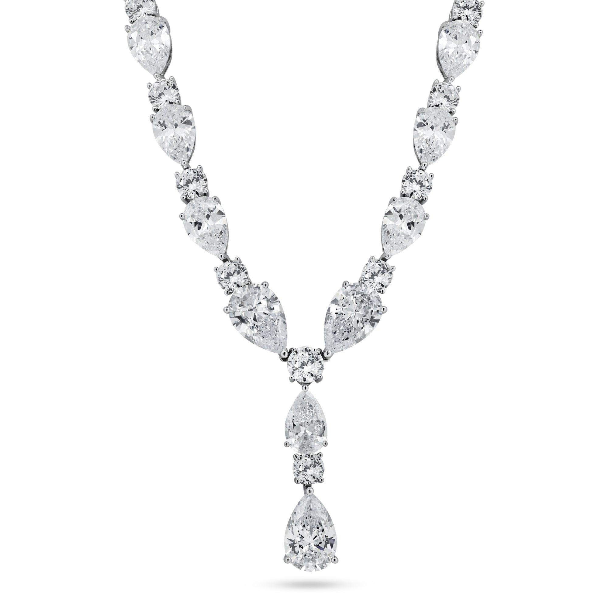 Rhodium Plated 925 Sterling Silver Teardrop Clear CZ Tennis Necklace - STP01850