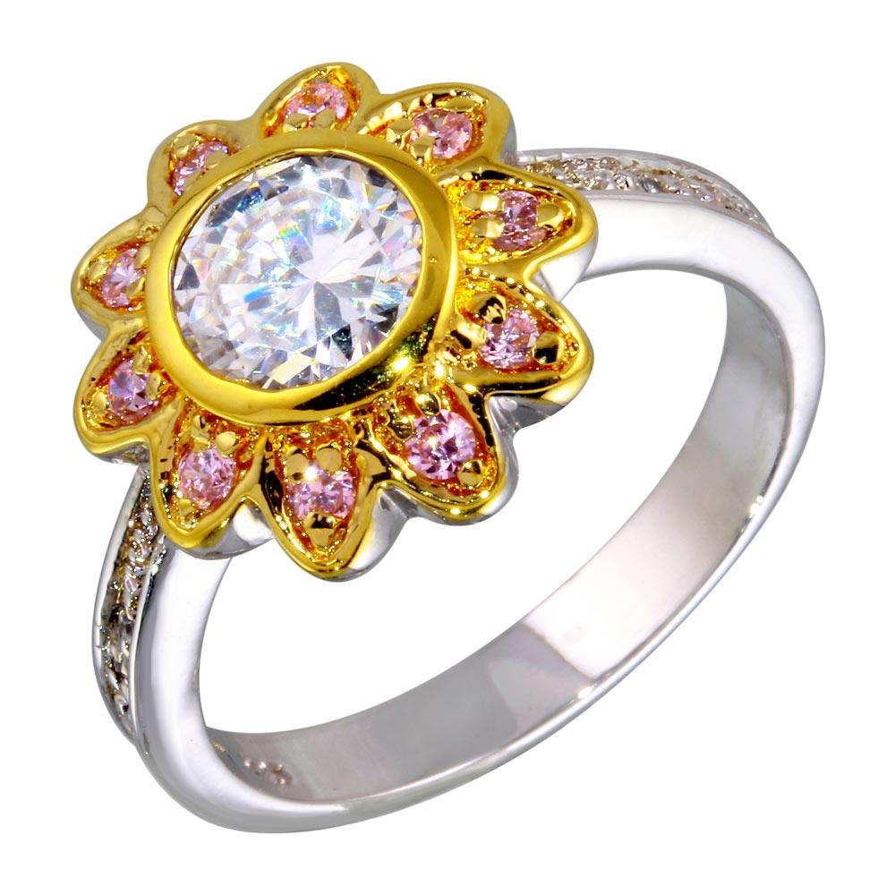 Closeout-Two-Tone 925 Sterling Silver Clear and Pink CZ Flower Ring - STR00103