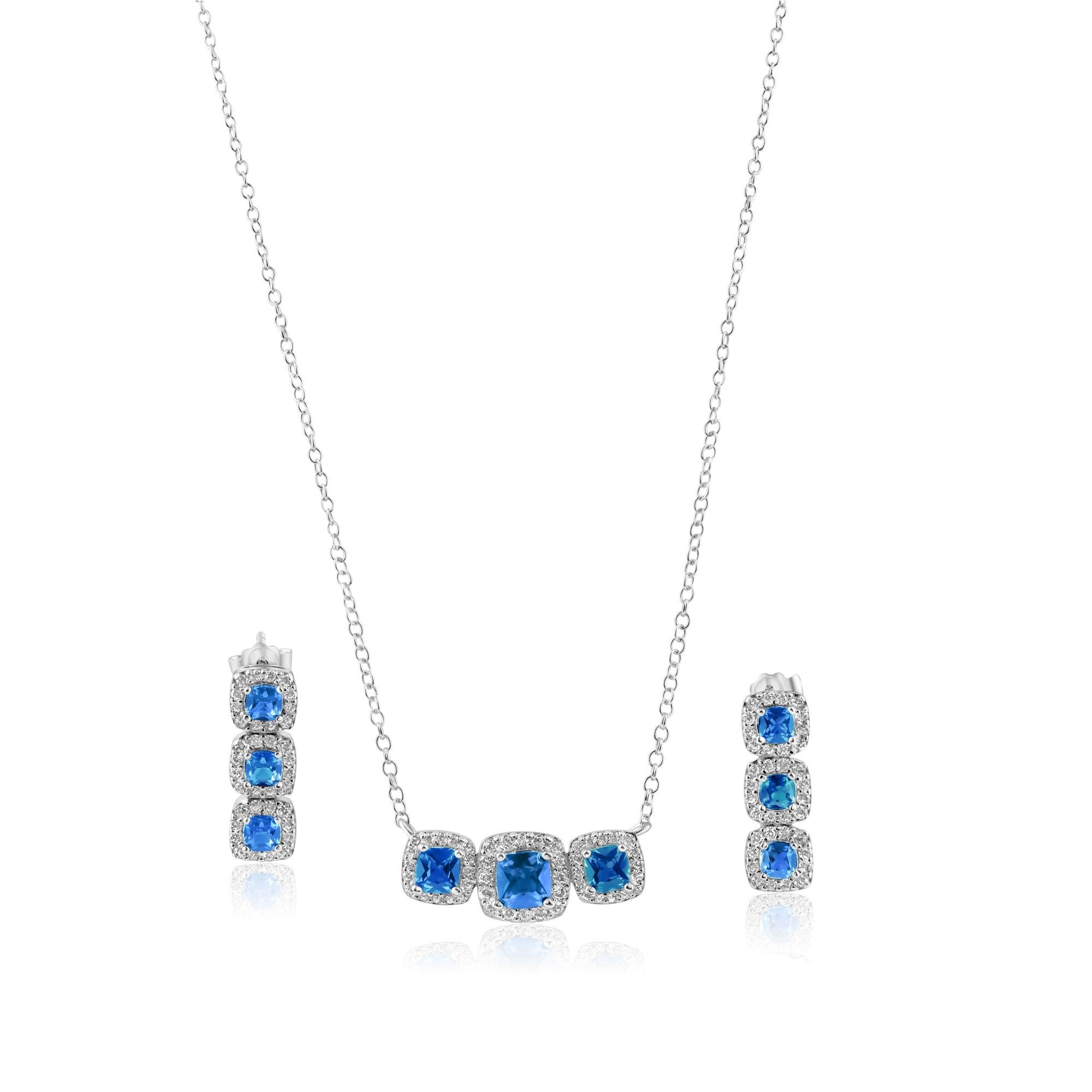 Rhodium Plated 925 Sterling Silver Trio CZ Blue Sets - STS00550-BLUE