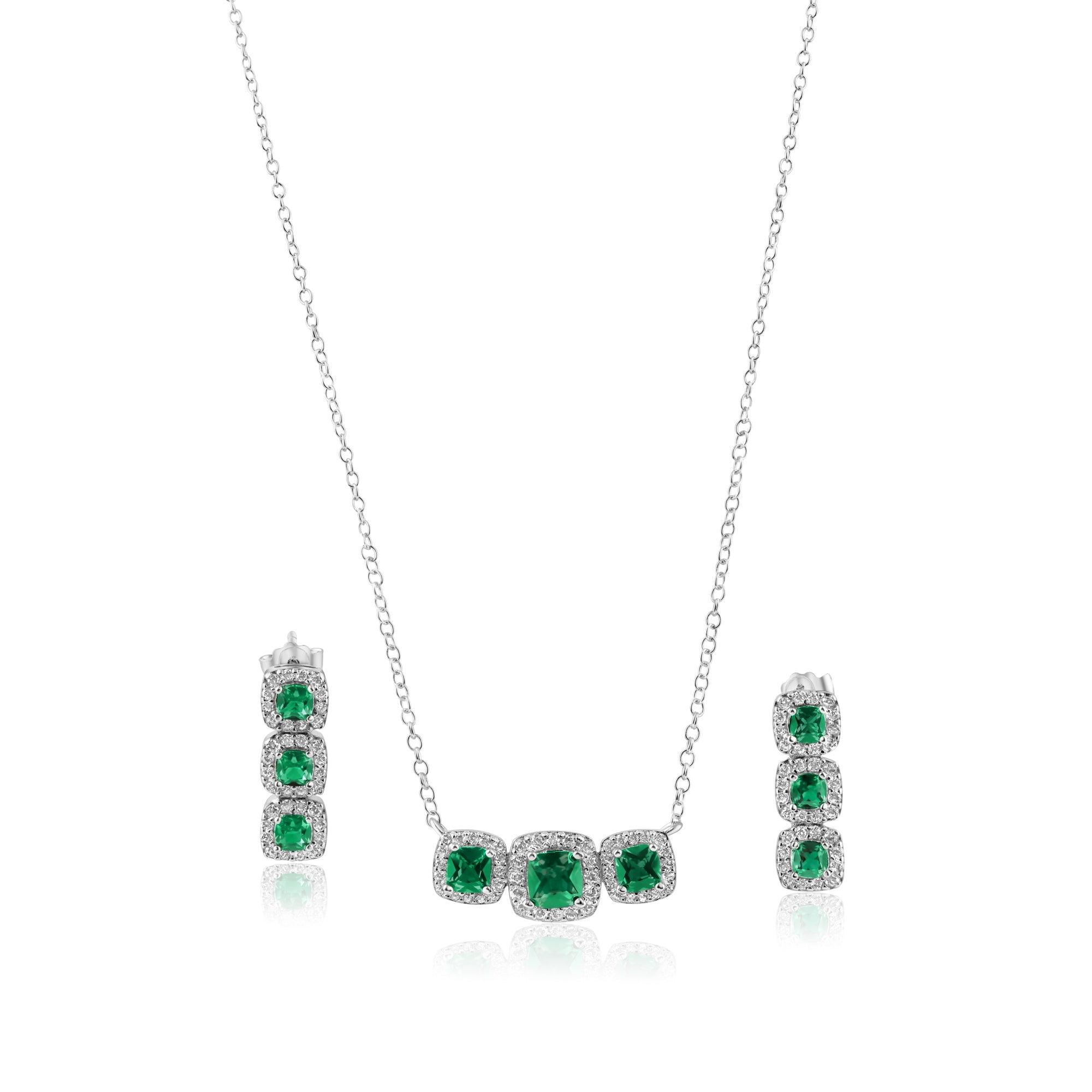 Rhodium Plated 925 Sterling Silver Trio CZ Green Sets - STS00550-GREEN