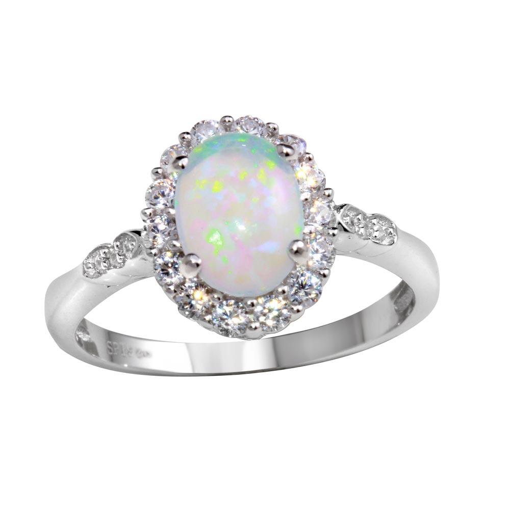 Rhodium Plated 925 Sterling Silver Round Synthetic Opal Ring - STR01103