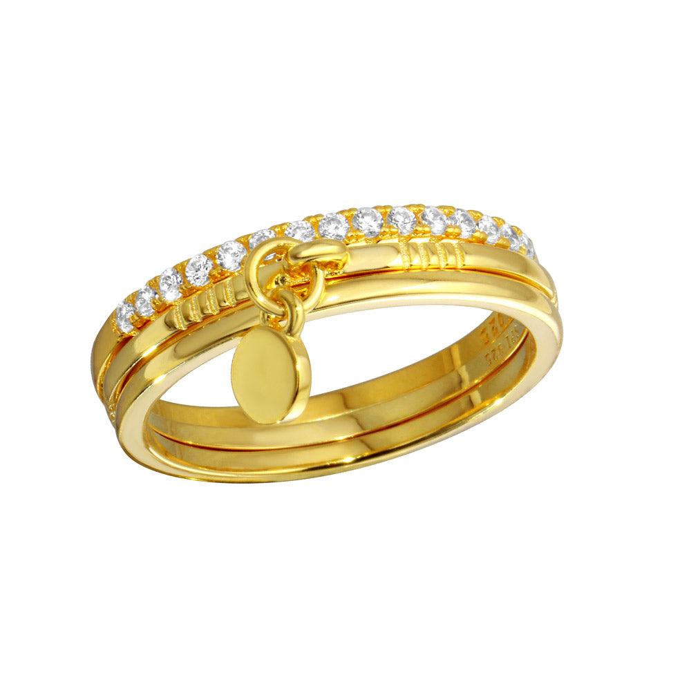 Gold Plated 925 Sterling Silver Tri CZ Stackable With Hanging Disc Ring - STR01106GP