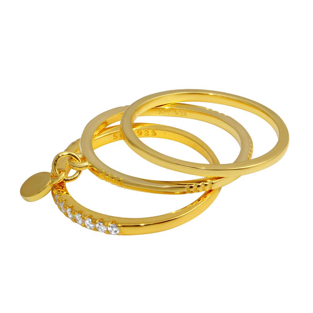 Gold Plated 925 Sterling Silver Tri CZ Stackable With Hanging Disc Ring - STR01106GP