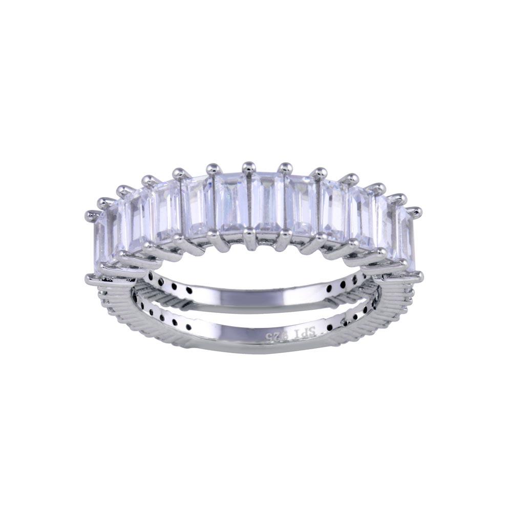 Rhodium Plated 925 Sterling Silver Two Bar Baguette with Clear CZ Ring - STR01146