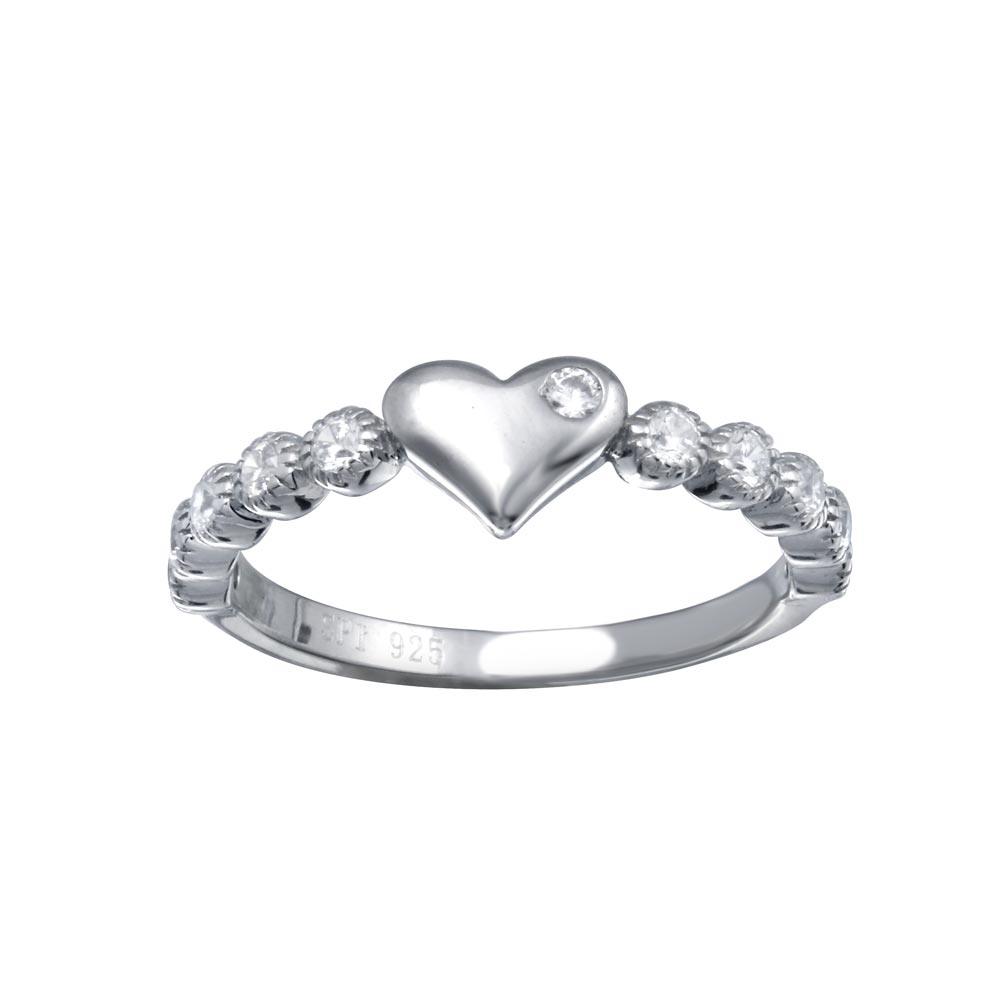 Rhodium Plated 925 Sterling Silver CZ Heart Bubble Shank Ring - STR01164