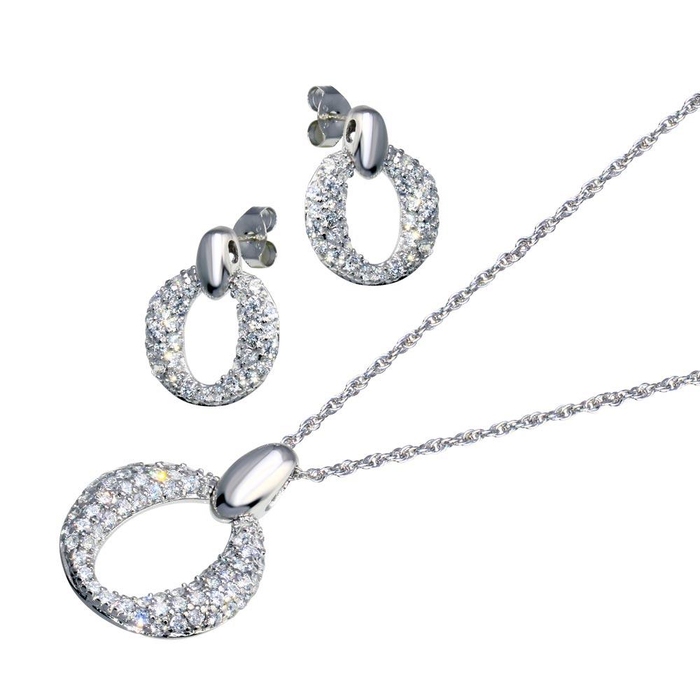 Closeout-Silver 925 Rhodium Plated Open Circle Oval CZ Dangling Earring and Necklace Set - STS00001