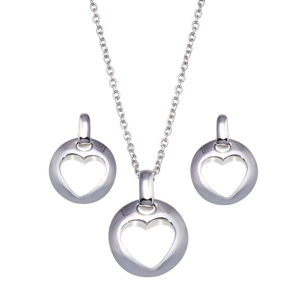 Closeout-Silver 925 Rhodium Plated Open Circle Heart Stud Earring and Dangling Necklace Set - STS00028