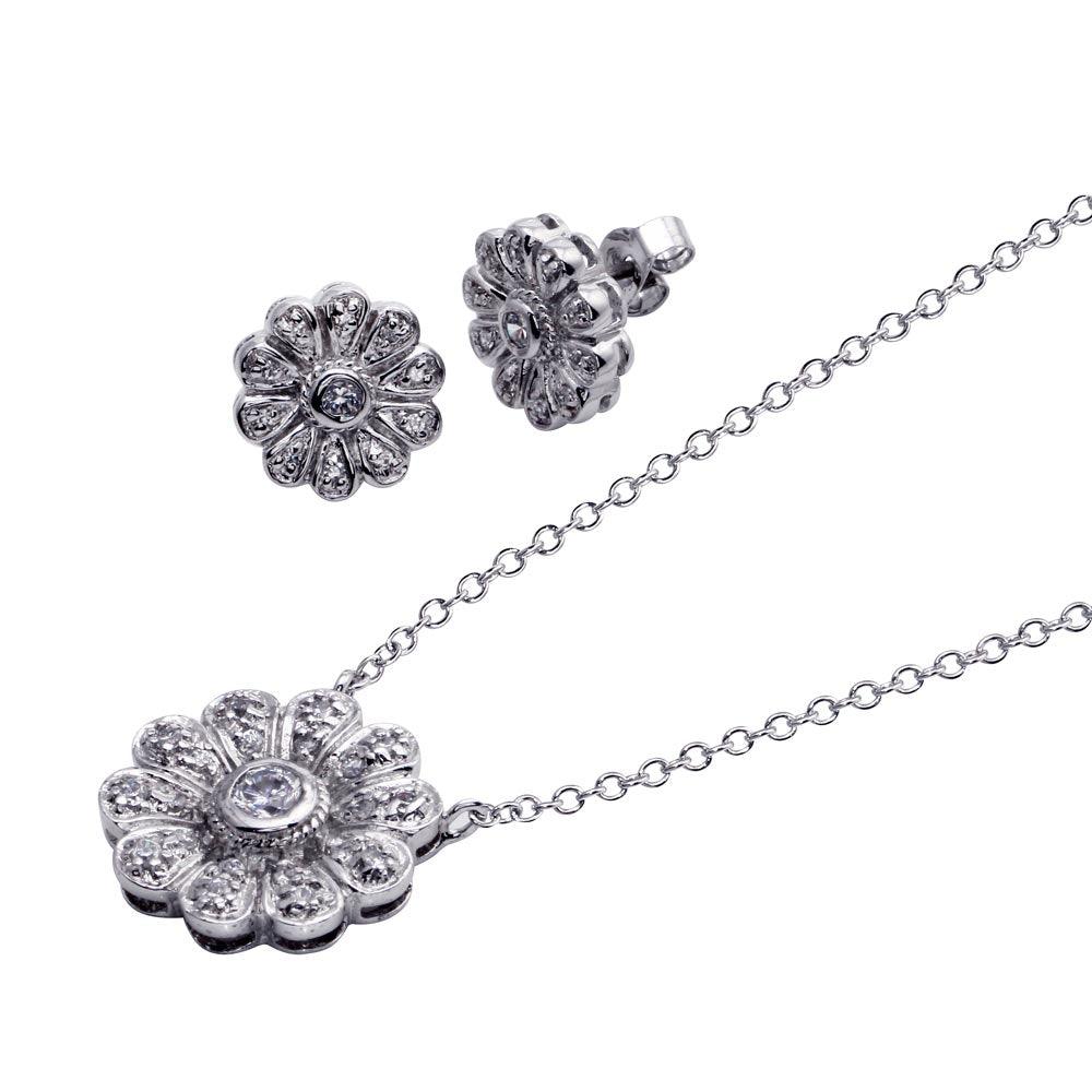 Closeout-Silver 925 Rhodium Plated Flower CZ Stud Earring and Necklace Set - STS00044