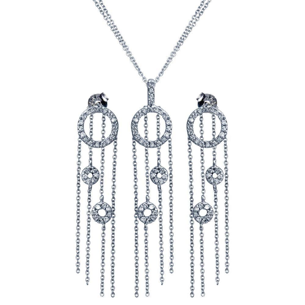 Closeout-Silver 925 Rhodium Plated Heart Open Circle CZ Multi Strand Stud Earring and Necklace Set - STS00062