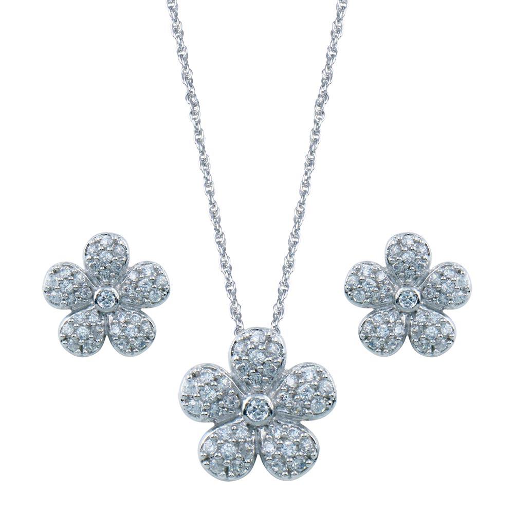 Rhodium Plated 925 Sterling Silver Flower CZ Inlay Stud Earring and Necklace Set - STS00064